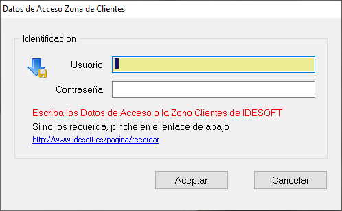 Datos de Acceso: Escriba los Datos de Acceso a la Zona Clientes de IDESOFT